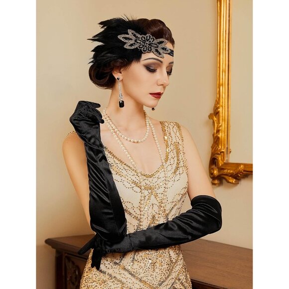 1920s Gatsby Accessories Set Flapper Headband Earrings Pearl Necklace Gloves Wom - Picture 2 of 6
